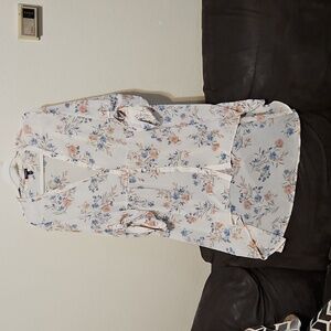 torrid White Sheer Floral Button-Front Tunic with Blue and Blush Flowers